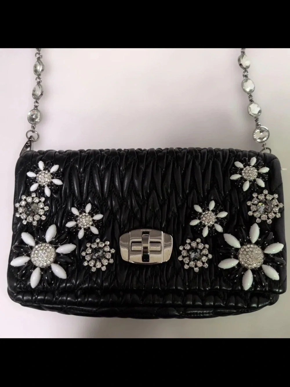 Miu Miu Black Woven Floral Crystal Chain Crossbody